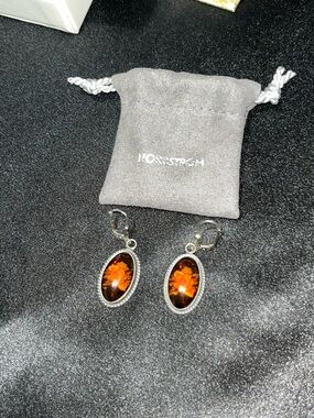 Sterling Silver & Brown & Amber Floral Oval Drop Earrings - .925